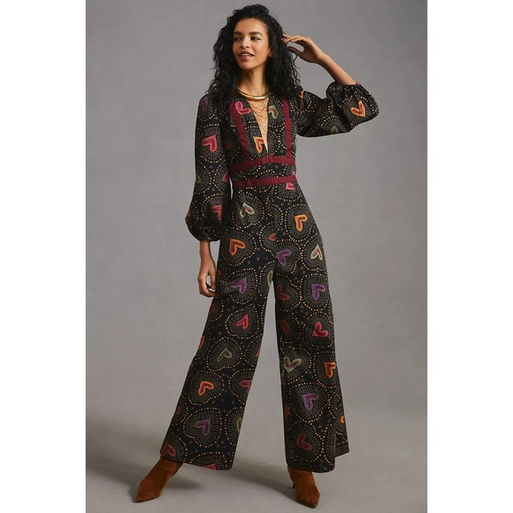 FARM Rio Pants - NEW Farm Rio Women Maxi‎ Jumpsuit Medium Black Hearts Deep V Whimsigoth Dark